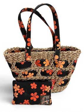 Caribelle Batik St Kitts Straw Woven Floral Beach Tote Bag & Pouch Set